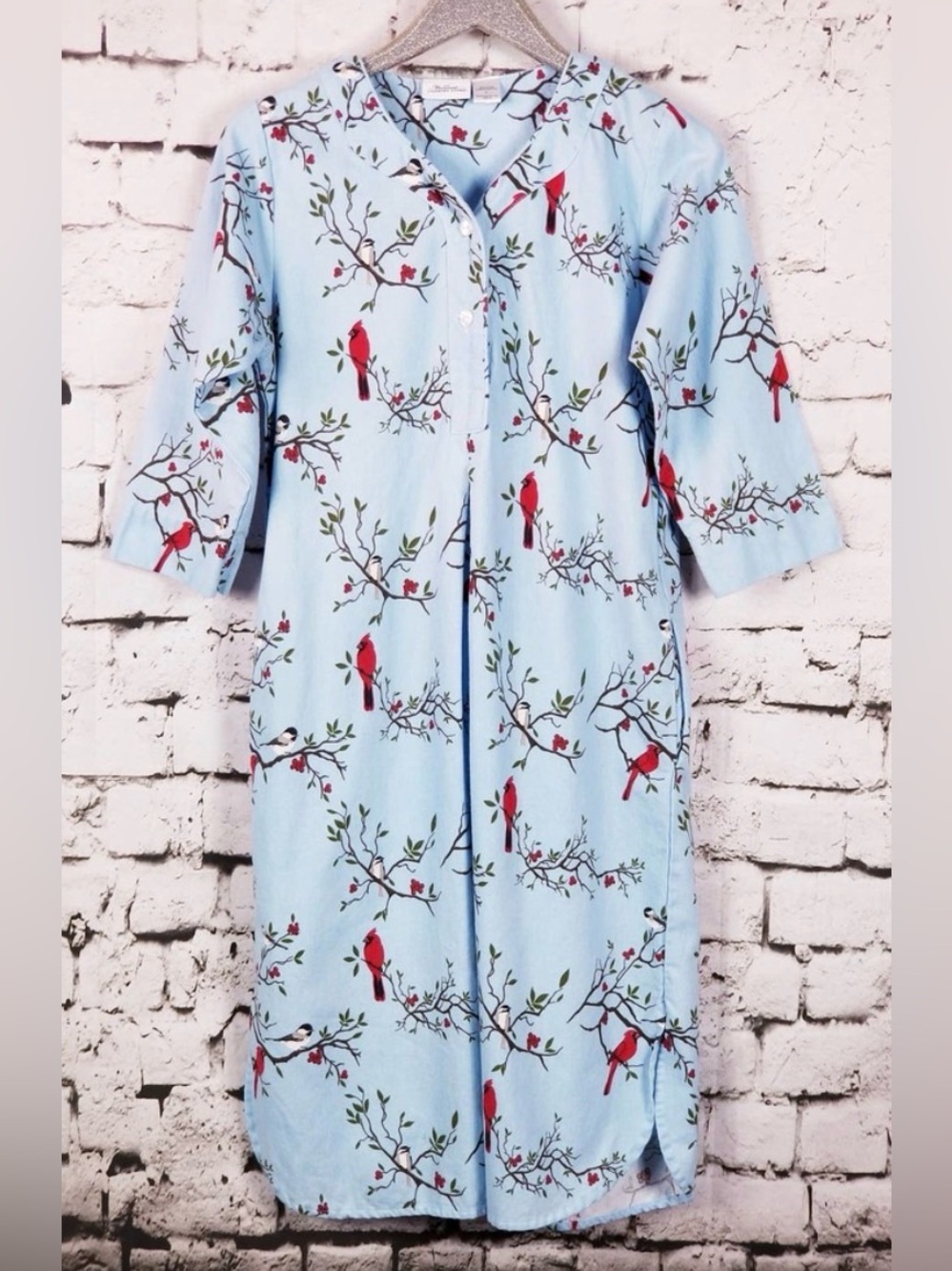 Vermont Country Store Baby Blue Cardinal 100% Cotton Night Shirt Flannel Large